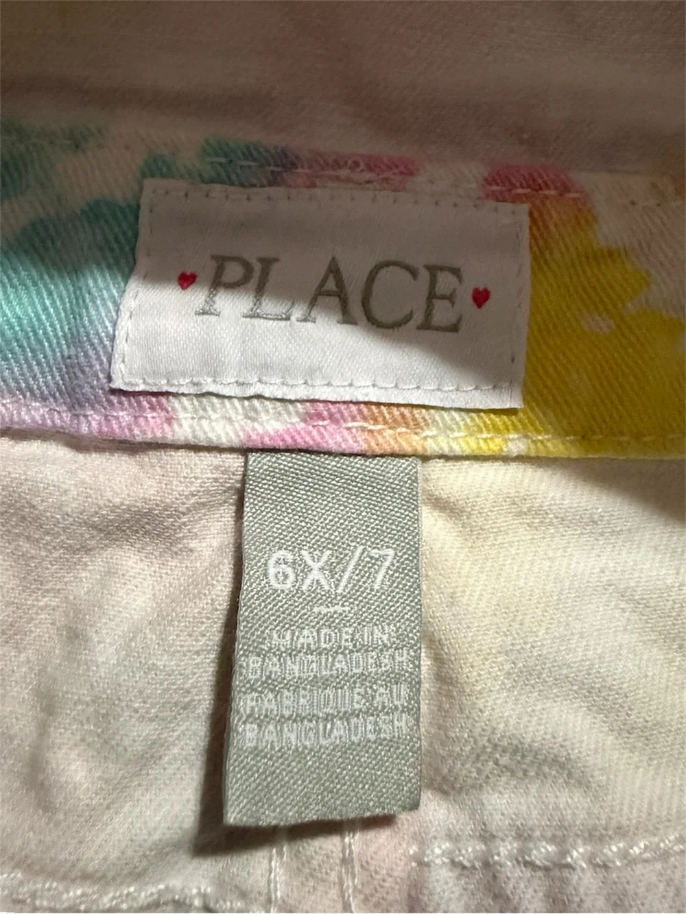 Children’s Place Rainbow Tie Dye Heart Twill Shortalls Overalls Jumper 6X/7